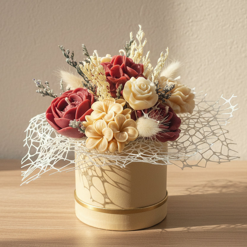 Decorative flower arrangement in a gold container on a wooden surface with a neutral background