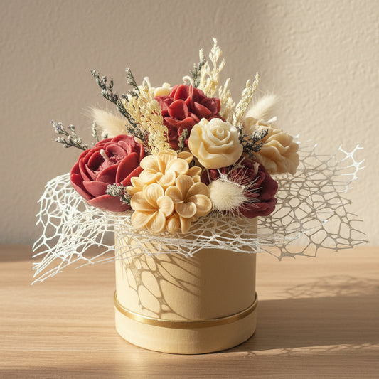 Decorative flower arrangement in a gold container on a wooden surface with a neutral background