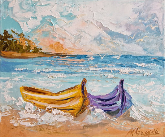 Морска картина с лодки на брега, маслени бои