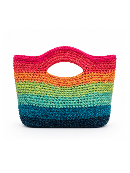 Ръчно плетена памучна чанта Rainbow Wave в розово, оранжево, зелено и синьо