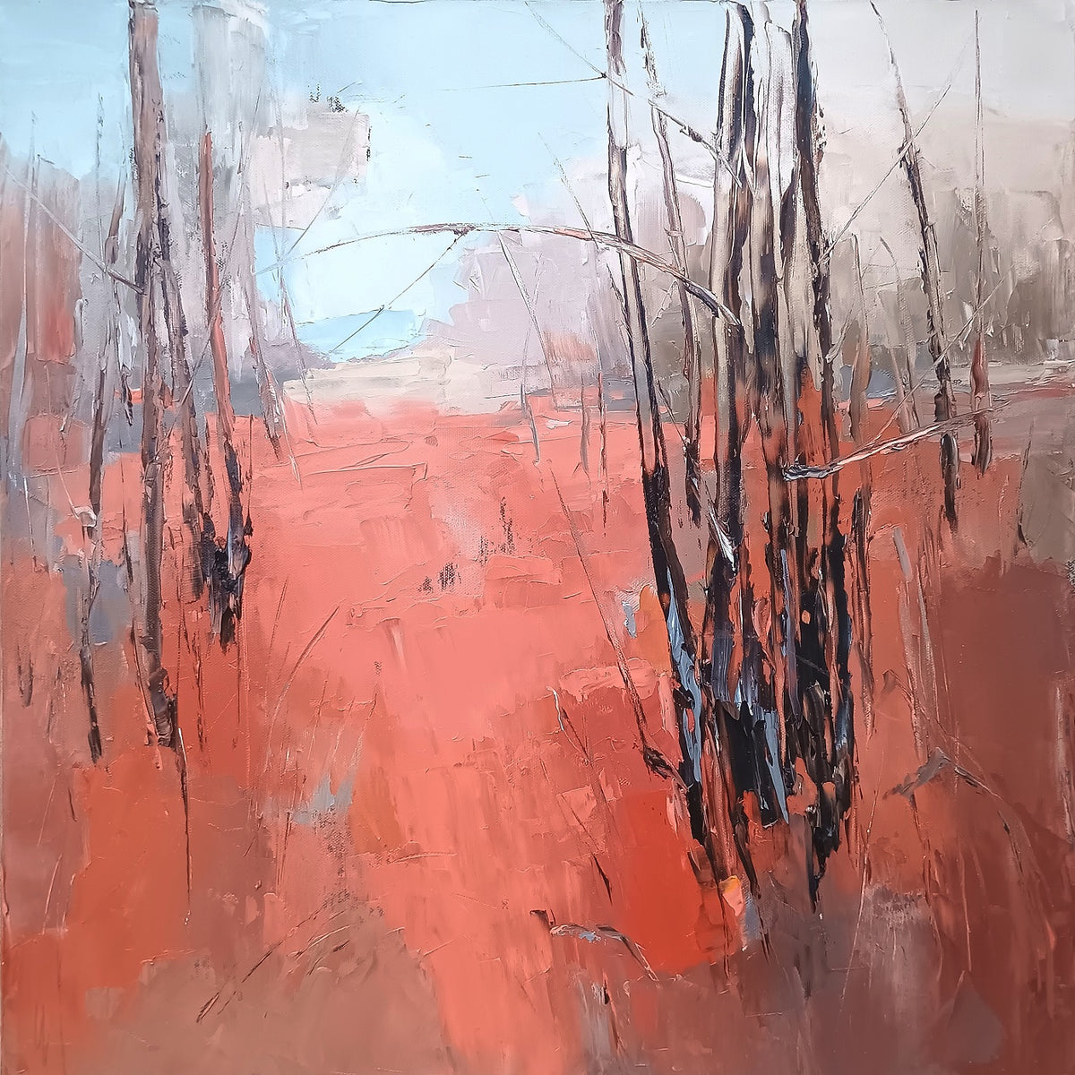 Картина Карнавал на ръждата, есенен пейзаж с дървета, маслени бои 60x60 см