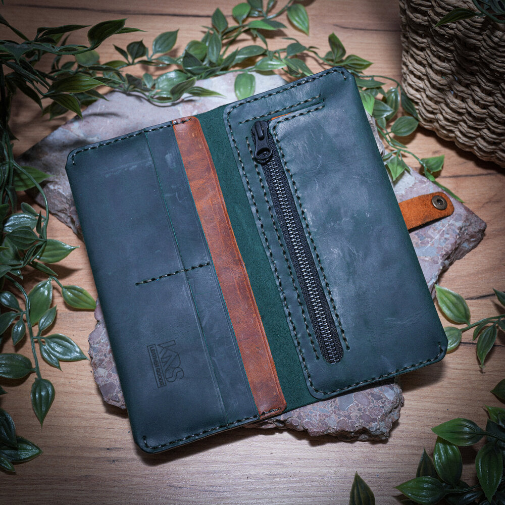 Долен, монетник с цип YKK - Дълъг кожен портфейл