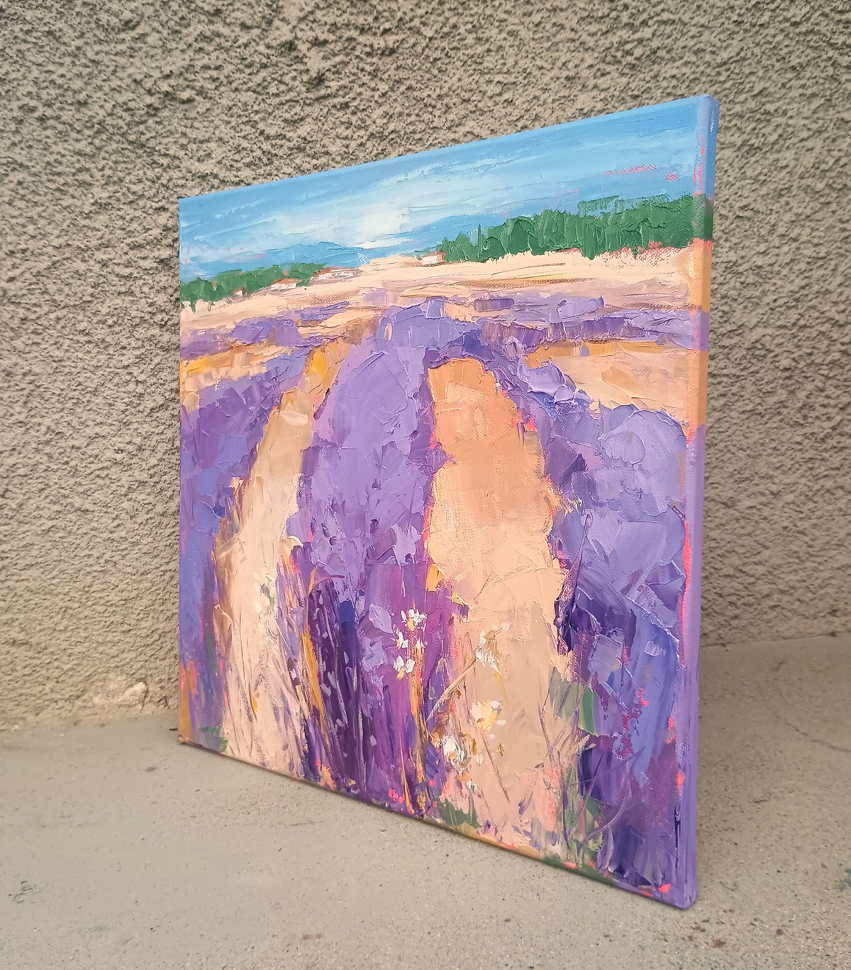 Картина Лавандулови страсти, пейзаж с лавандулово поле, маслени бои върху платно, детайл